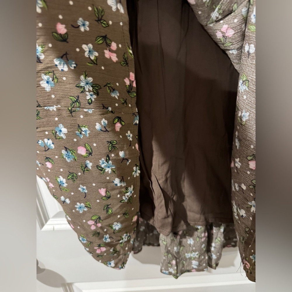 Floral Tiered Dress Brown Cottagecore‎ Romantic Midi 3/4 Sleeve Size Small - Picture 4 of 10